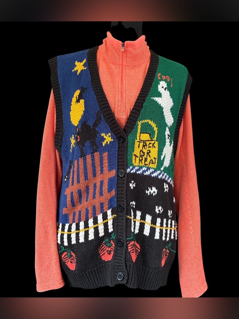 Halloween Knit Sweater Vest Ramie Cotton Y2K Teacher Tacky Sz L Cat Ghost Pumpkn
